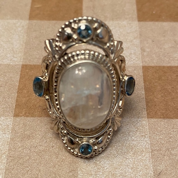 .925 Sterling Jewelry - NEPAL Large Sterling Silver 925 Quartz Ring With Blue Topaz Sz 8- Vintage